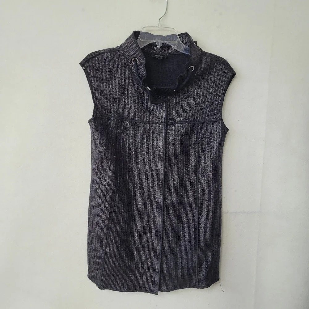 Worth New York Vest Womens S/P Black Silver Metallic Knit Sleeveless Jacket‎